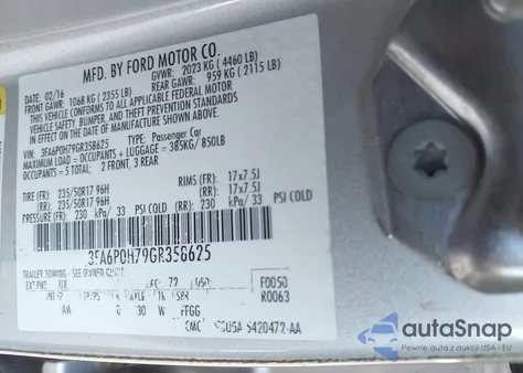 2016 Ford Fusion Se z USA, uszkodzony, nr VIN 3FA6P0H79GR358625